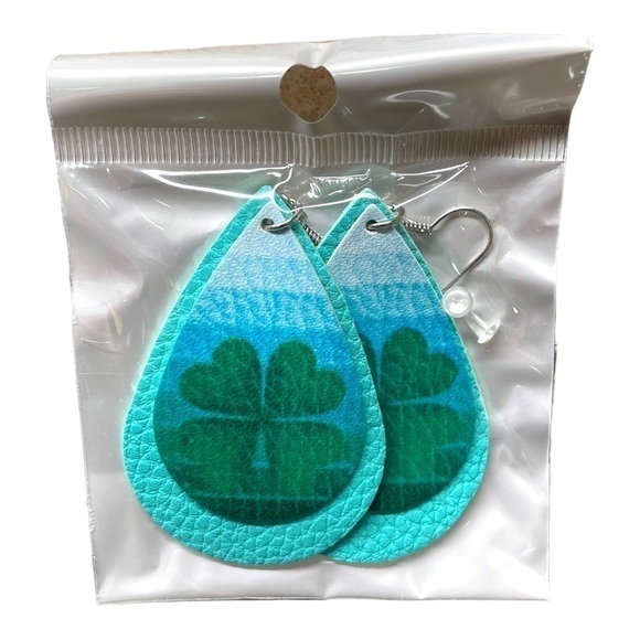 St Patricks Day Shamrock Clover Faux Leather Teardrop Dangle Earrings 3 Pair NWT - Picture 2 of 6